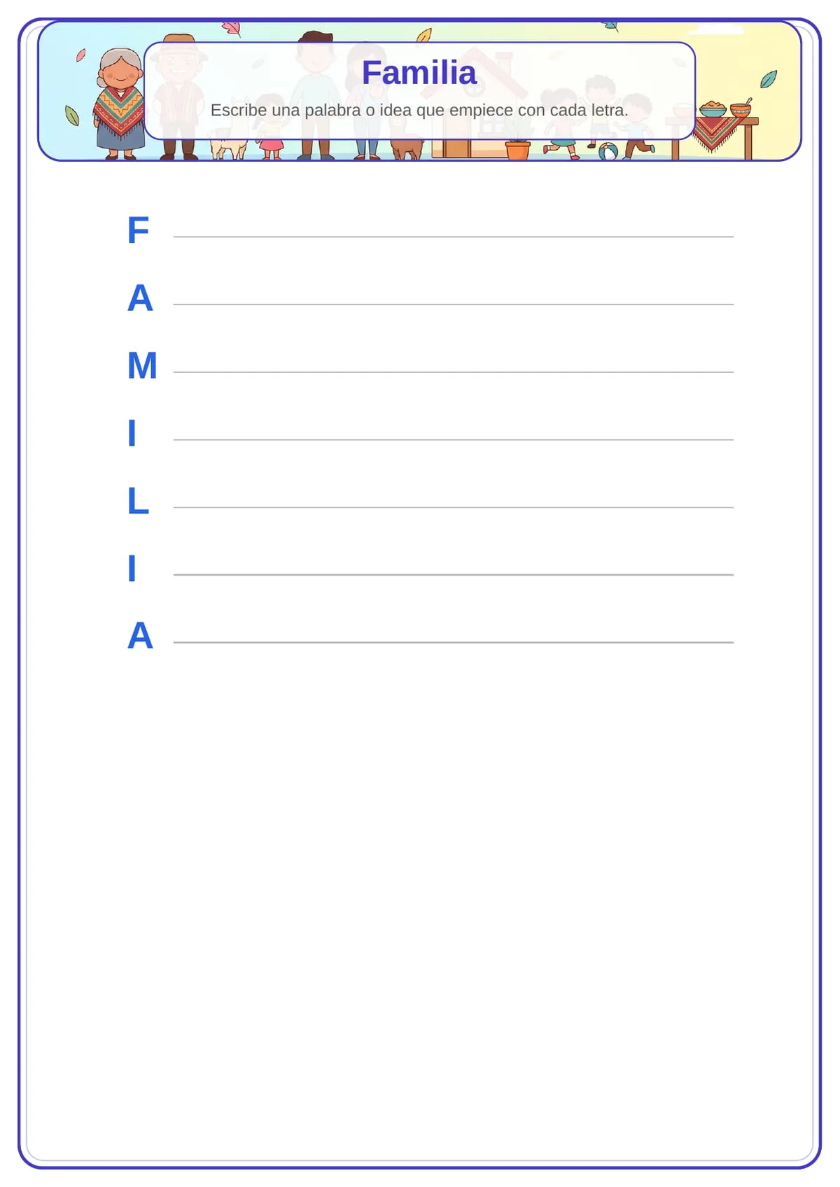 Acróstico de Familia para imprimir en PDF — Primaria — vista previa de la página 1