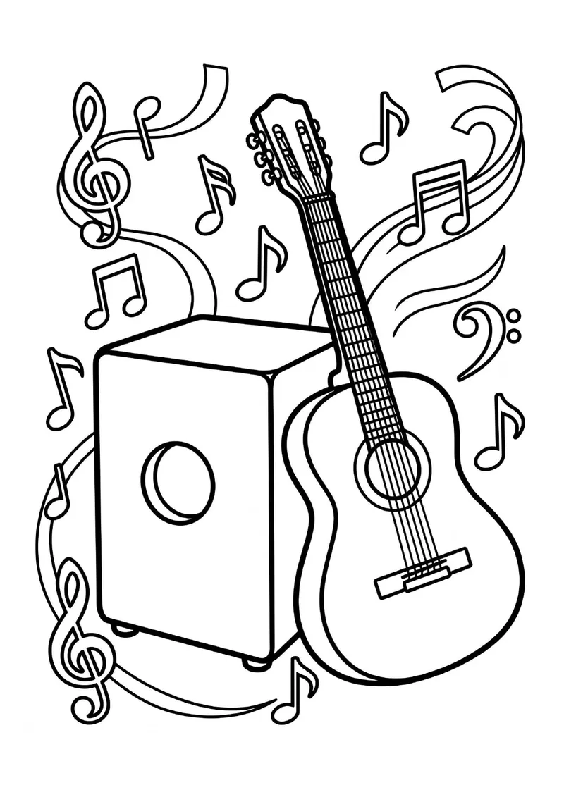 El Cajón y la Guitarra de la Música Criolla para colorear — Primaria
