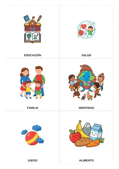los derechos del niño con una imagen por cada derecho — flashcards (tarjetas léxicas) para imprimir