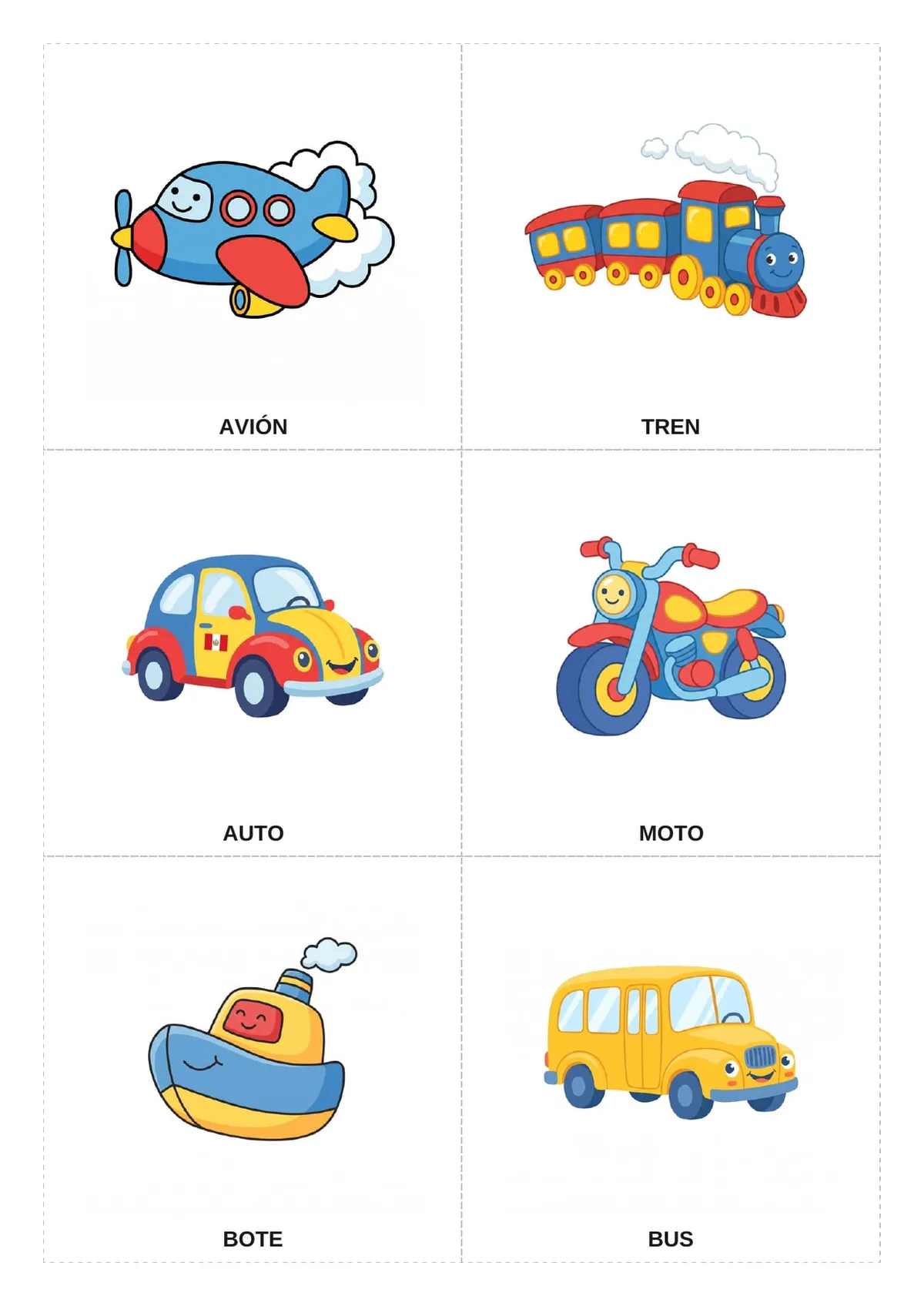los medios de transporte — flashcards (tarjetas léxicas) para imprimir de Inicial