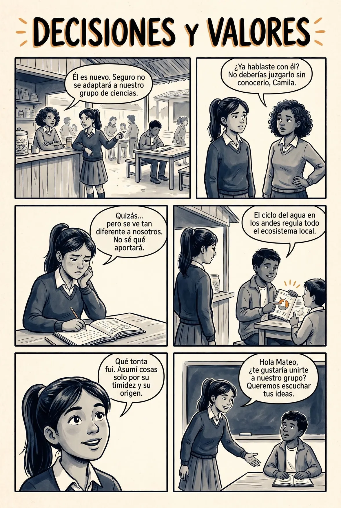 Decisiones y Valores — historieta para imprimir de Secundaria