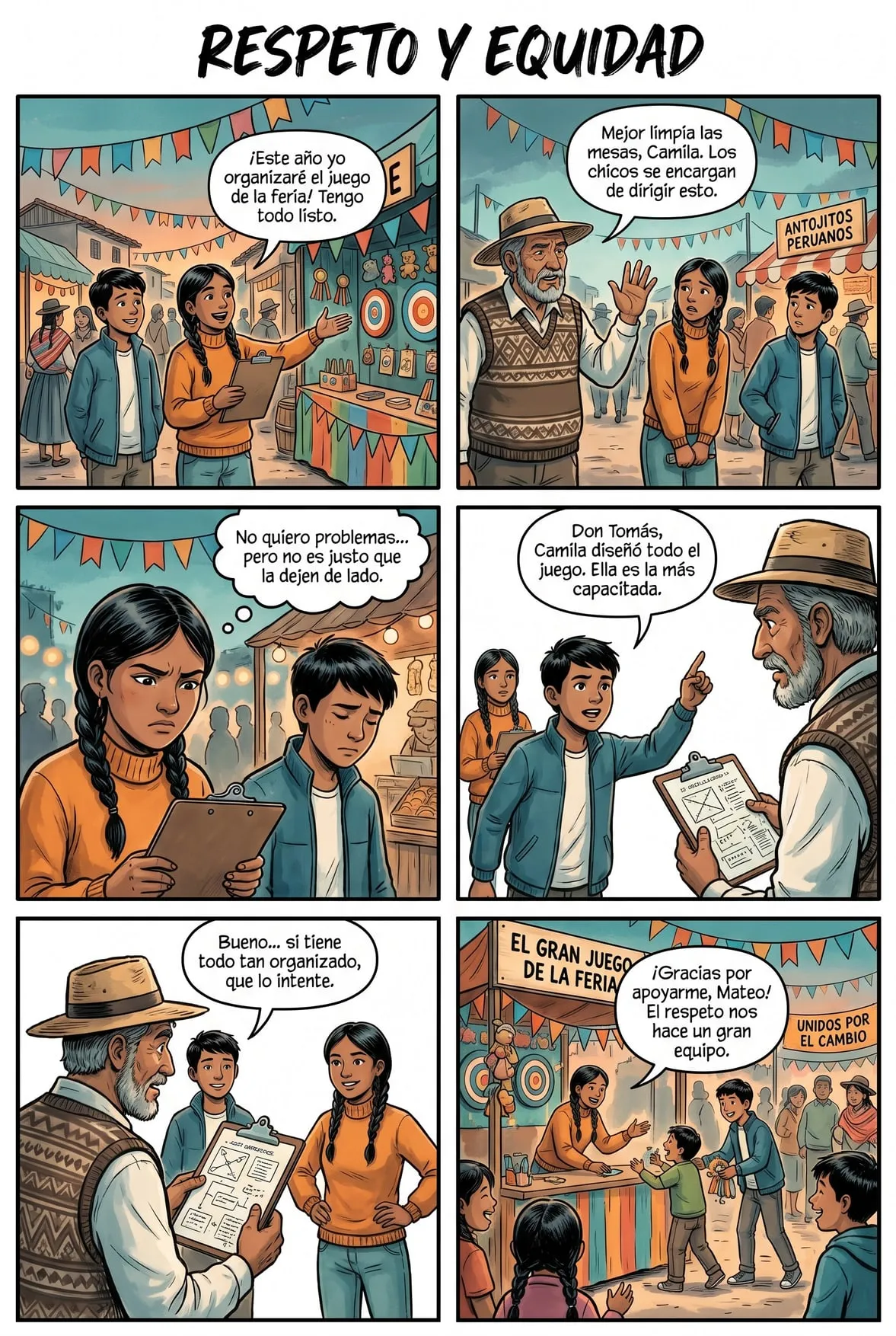 Respeto y Equidad en la Comunidad — historieta para imprimir de Secundaria