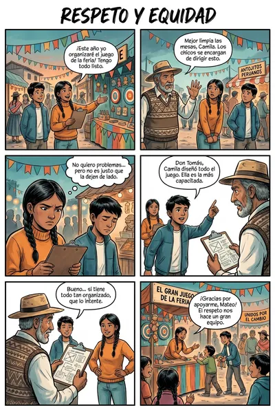 Respeto y Equidad en la Comunidad — historieta para imprimir de Secundaria