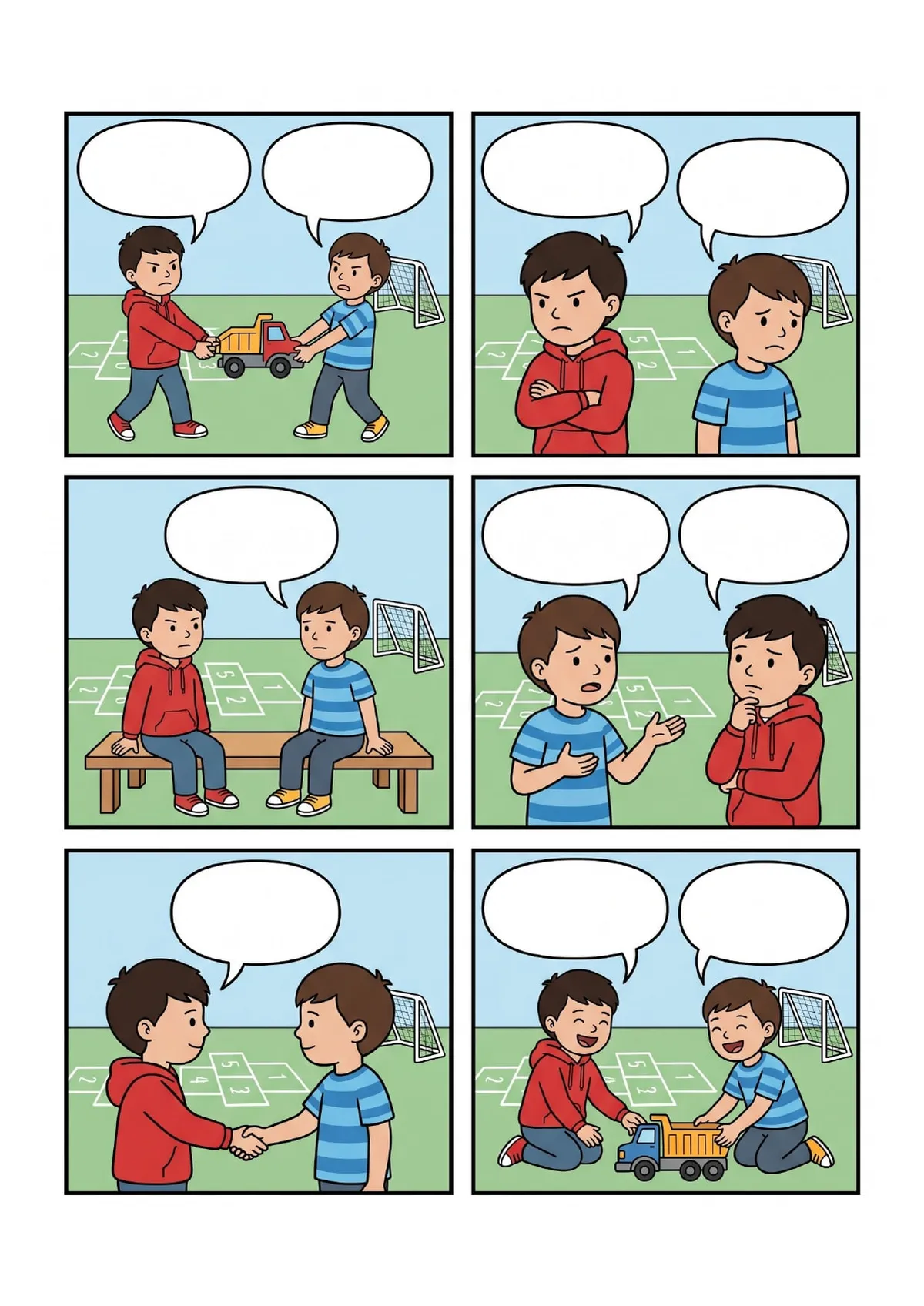 Historieta para completar: Una discusión en el recreo — historieta para completar para imprimir de Primaria