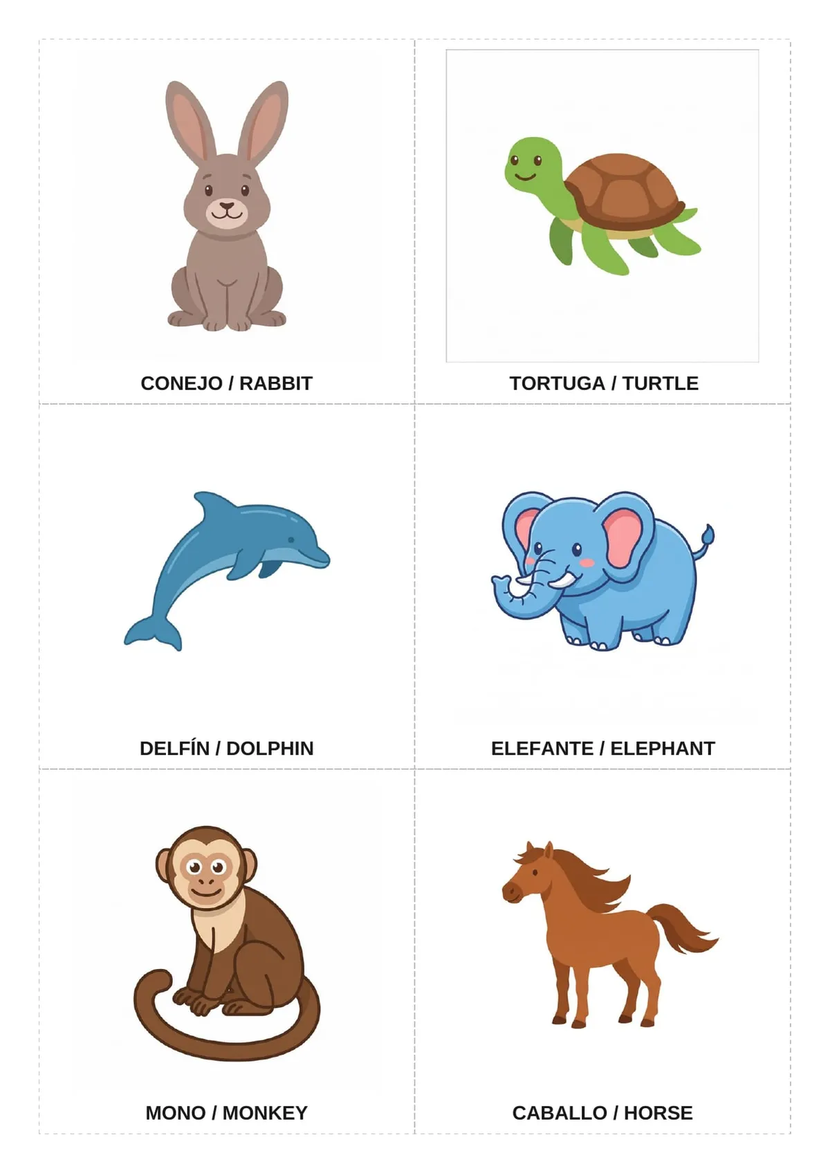 los animales en inglés y español — flashcards bilingües para imprimir de Primaria