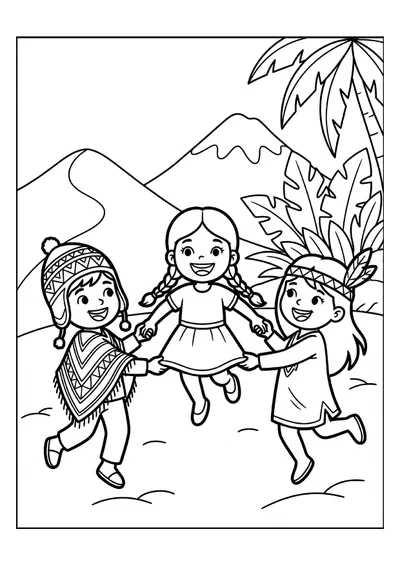 Niños de la Costa, Sierra y Selva Jugando Juntos — dibujo para colorear para imprimir