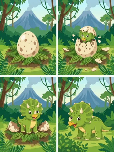 Secuencia del Ciclo de Vida de un Dinosaurio — tarjetas de secuencia para imprimir de Primaria