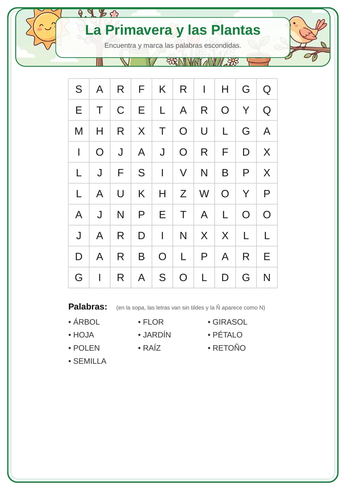 Sopa de letras de la primavera y las plantas para imprimir — vista previa de la página 1
