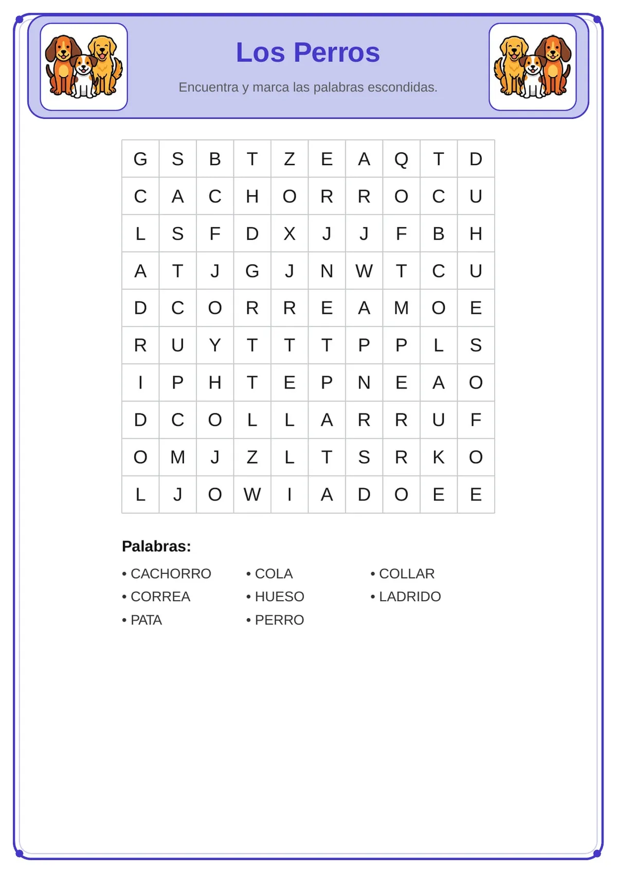 Sopa de letras de los perros para imprimir en PDF — Primaria — vista previa de la página 1