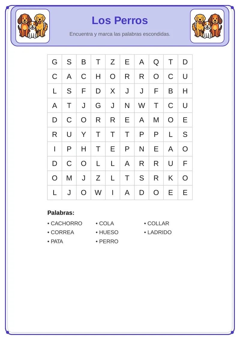 Sopa de letras de los perros para imprimir