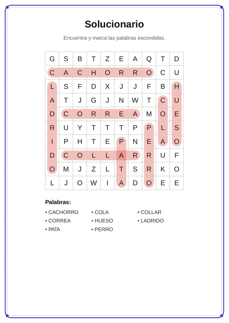 Sopa de letras de los perros para imprimir en PDF — Primaria — página 2 de 2