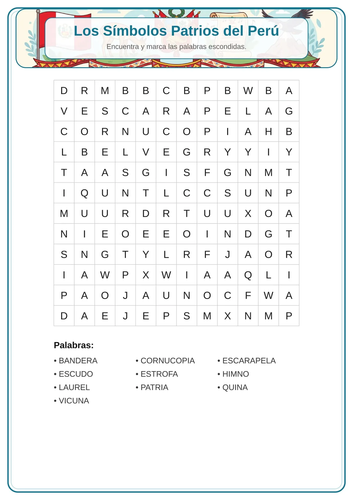 Los símbolos patrios del Perú — pupiletras para imprimir de Primaria