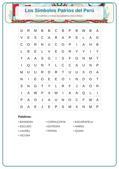 Los símbolos patrios del Perú — pupiletras para imprimir de Primaria