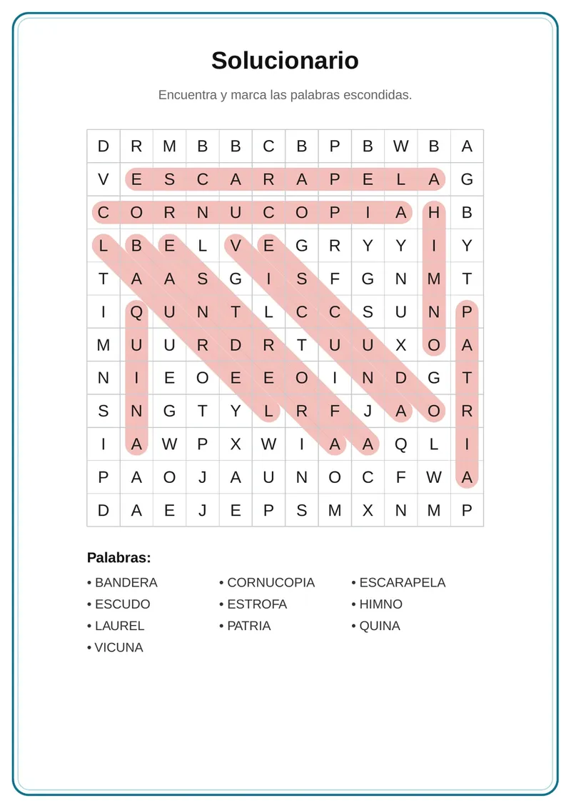 Sopa de letras de los símbolos patrios del Perú — Primaria — página 2 de 2
