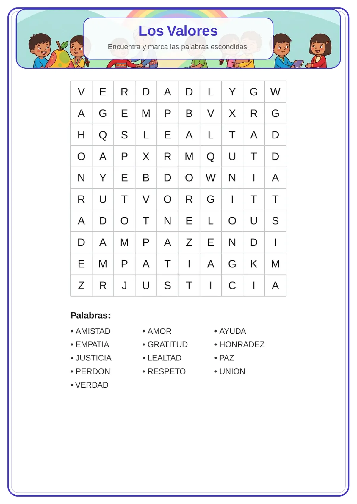 Sopa de letras de los valores para imprimir — Primaria — vista previa de la página 1