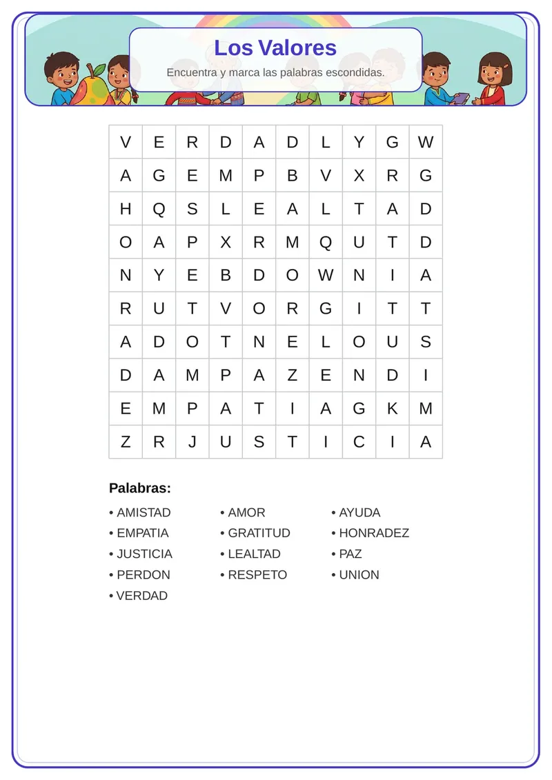 Sopa de letras de los valores para imprimir